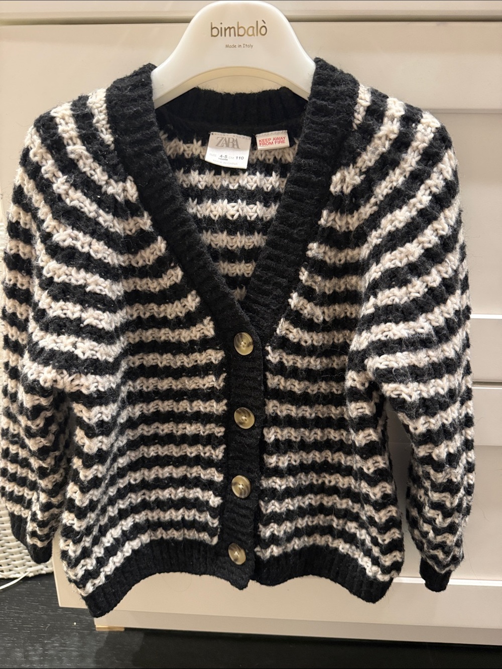 Zara kids Black and Cream Striped V‑Neck Button Cardigan